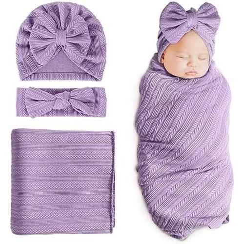 DRESHOW BQUBO Newborn Receiving Blanket Toddler Warm for Girls with Bow Hat and Bow Headband Shower Gift
