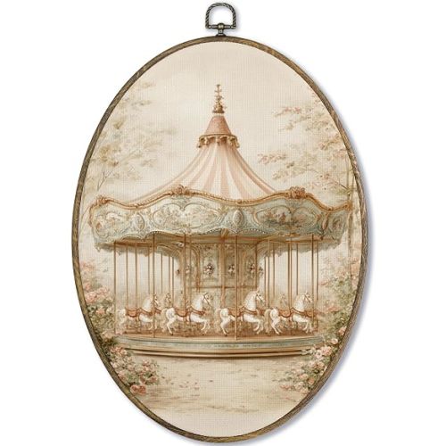 Fewgb Vintage Girls Nursery Carousel Oval Wall Art Decor, Baby Girls Toddler Kids Room Playroom Bedroom Canvas Wall Art Framed Prints, Cottagecore Whimsical Hanging Room Decor Picture Artwork 9x12