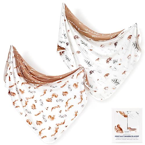 GRSSDER Baby Blankets Super Soft Stretchy Jersey Swaddle Blanket 2 Pack for Girls and Boys, Double Layer Reversible Receiving Blankets 34 x 44, Extra Large for Swaddling, Squirrel & Jungle