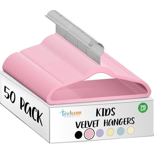 50 Premium Kids Velvet Hangers - 14" Non-Slip Clothes Hangers for Kids & Preteens - Ultra Slim, Space-Saving, Strong & Durable Hangers with 360° Swivel Hook - Pink