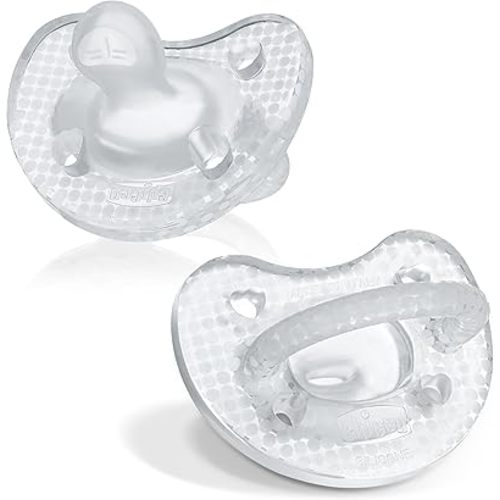 Chicco PhysioForma Luxe Orthodontic Pacifier, 0-6m | 100% Soft Silicone | Supports Breathing & Oral Development | Textured Shield & Handle | Includes Sterilizing Case | BPA Free | Crystal, 2pk