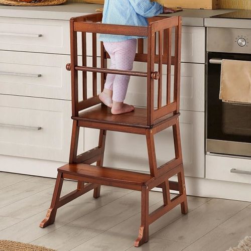COSYLAND Kids Kitchen Step Stool, Toddler Standing Tower with CPC Certification, Removable Anti-Drop Railing Safety Rail Enjoys Unique Patented Design A Anti-tip Stable Structure 1.5-3 Years Brown