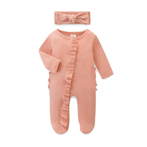Newborn Baby Romper Cotton Infant Girl Outfit Zippers Ruffle Jumpsuit and Headband Spring Fall Winter Clothes