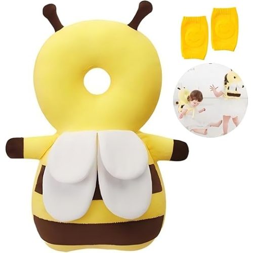 Baby Head Protector, Baby Fall Back Head Protector, Adjustable Baby Head Protection Backpack with Baby Knee Pads for Crawling, Safety Baby Head Protector, Head Protection Backpack (Cute bee)
