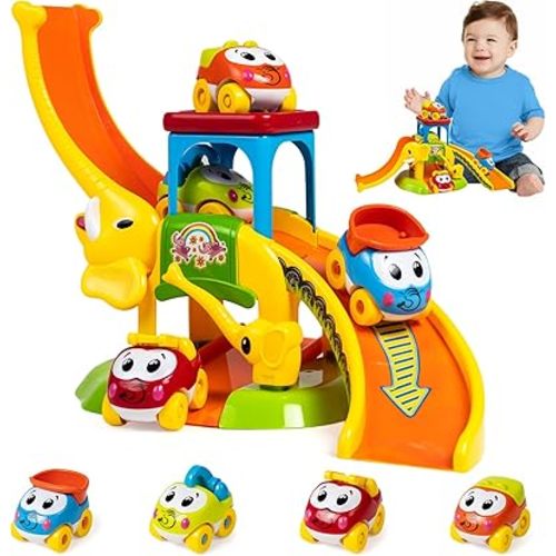 Marstone Toddler Toys for 1 2 Year Old Boys and Girls Gifts: Educational Elephant Slide with 4 Animal Car Toys for Baby 12-18 Months, First Birthday Gifts for Kids, Learning Push Race Tracks Age 1-2