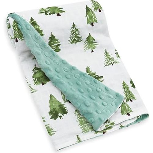 LifeTree Baby Blankets for Newborn, Soft & Lightweight Swaddle Blankets, Muslin Front and Dotted Fleece Backing Receiving Bed Throw Blanket Unisex, 31X40 Inches, Baby Girl & Boy Blanket, Pine Tree