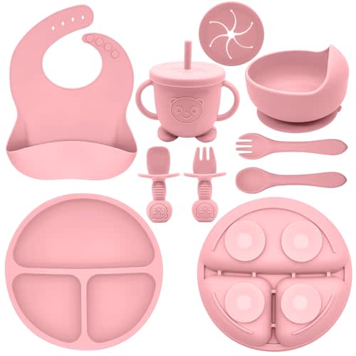 Munlinder Silicone Baby Feeding Set | Baby Led Weaning Supplies Includes Suction Bowls and Divided Plates, Adjustable Bib, Baby Utensils Spoons and Forks,Cup | Baby Feeding Essentials (Pink)