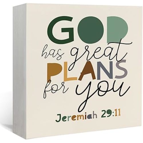 Lacama Christian Nursery Wooden Box Sign, Boho Bible Verse Decorations Wood Block Signs, God Has Great Plans for You Christian Wood Sign for Boys Room Bedroom Desk Shelf Wall Decor 5x5 Inches
