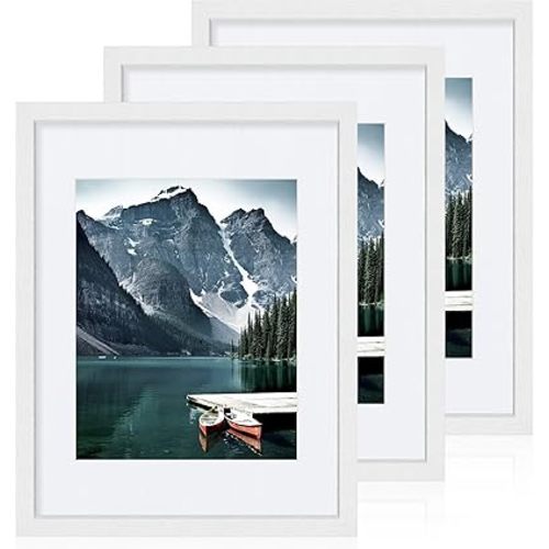11x14 Picture Frames set of 3, Made of Glass and White Wooden Photo frame - Displays 8x10 Picture with Mat or 11 x 14 Poster without Mat, Wall Collage Frame set