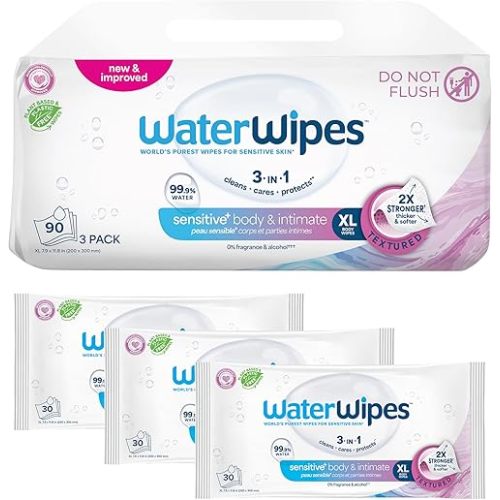 WaterWipes Sensitive Whole Body Cleansing Wipes, 99.9% Purified Water, XL Textured Wipes, Incontinence Care, Fragrance Free, 90 Count