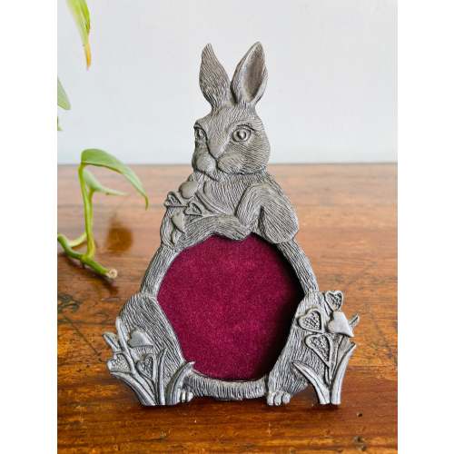 Vintage Metzke Pewter Bunny Rabbit Picture Frame with Easel Backing