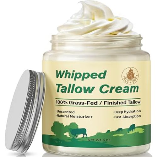 Beef Tallow for Skin, Organic Grass Fed Whipped Beef Tallow Balm for Face & Body, Natural Unscented Tallow Face Moisturizer Cream Deeply Nourishes and Hydrates the Dry Skin, 4oz