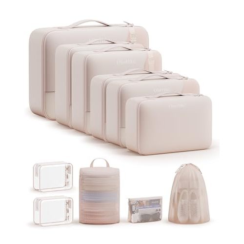 11 Set Packing Cubes for Travel, Gifts for Women Mom Kids, TSA Approved Bags for Makeup, Cosmetic, Toiletry, Suitcase Organizers for Checked Luggage, Cruise Essentials, Airplane Accessories, Beige