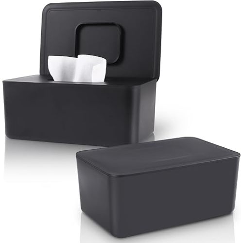 2 Pack LEQXGO Baby Wipes Dispenser, Wipes Dispenser Baby Wipes Case, Baby Wipe Holder for Fresh Wipes, Non-Slip Wipes Case, Wipe Container with Sealing Design Lid (Black and Black)