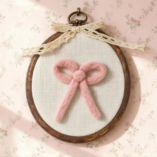 Soulchen Felted Pink Bow Nursery Wall Decor 5 x 6 Inch Cute Coquette Bow Pink Christmas Decor Wall Art Decorative Artwork for Nursery Bathroom Living Room Baby Room Bedroom Farmhouse Decoration