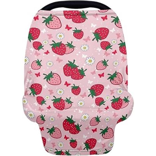 Breast Feeding Cart Baby Car Seat Covers Canopy Cover, Pink Strawberry Nursing Cover and Carseat Cover, Shopping Cart Cover for Baby