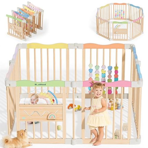 Foldable Wooden Baby Playpen - Adjustable Wood Play Yard, Indoor Large Safety Fence for Babies and Toddlers - Built-in Toys Design, 45 x 45 x 24 inches, Pastel Dream