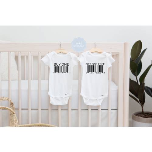 Funny twin ONESIE® - buy one get one free bar code shirts - custom personalized best friend copy paste twin baby girl baby boy outfit romper