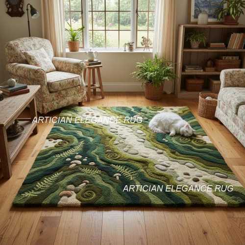 Forest Pathway Textured Area Rug | Leaf and Pebble Pattern Tufted Rug | Nature-Inspired Hand-Tufted Rug, Earthy Green & Ivory Floor Rug
