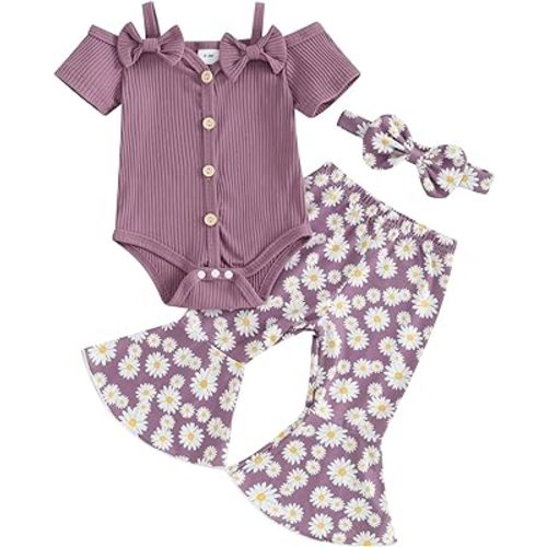 fhutpw Newborn Baby Girl Clothes Rib Frill Romper Daisy Flared Pants Set