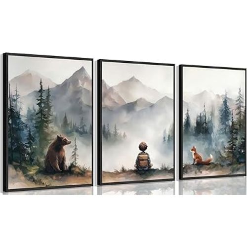 3Pcs Neutral Woodland Wild Animal Wall Art Cute Bear Fox Nursery Wall Decor Pictures Adventure Boy Posters Prints Vintage Forest Animal Canvas Paintings for Baby Room Playroom 12x16