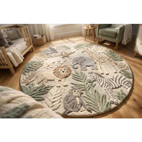 Hand Tufted Wool Jungle Animal Rug, Safari Nursery Decor, Round Playroom Carpet