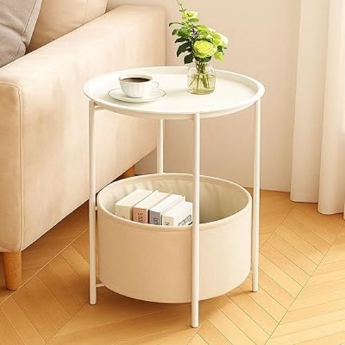 ShellKingdom End Table, Small Round Side Table with Fabric Basket, Metal Night Stand with Removable Tray for Living Room, Bedroom, Nursery, Laundry (White)