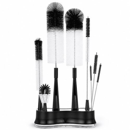 8-Piece Bottle Brush Cleaning Set with Stand, Black Long Handle Water Bottle Cleaner Brushes for Narrow Neck & Wide Mouth Bottles, Tumblers, Straws and Lids