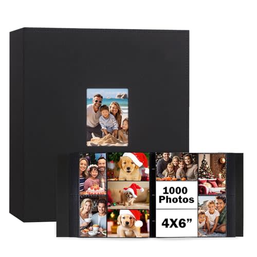 Photo Album 4x6 1000 Pockets, Extra Large Capacity Linen Cover with Front Window 4 x 6 Picture Album Holds 1000 Horizontal and Vertical Photos,Wedding Family Anniversary Vacation Photo Album (Black)