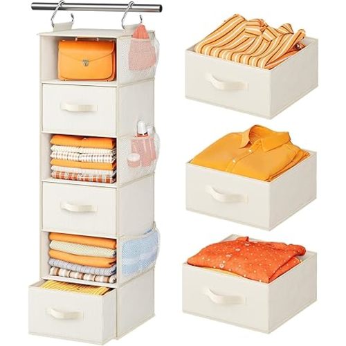 Pipishell Hanging Closet Organizer 6-Shelf, Hanging Shelves for Closet with 3 Removable Drawers & Side Pockets, Hanging Shelf Organizer for Bedroom or Garment Rack, 12'' x 12'' x 43.3'', White