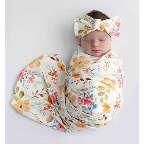 Newborn Baby Girl Receiving Blanket Swaddle Blanket Stretchy Knit Swaddle Set with Matching Headband and Beanie (Orange and Pink Floral)