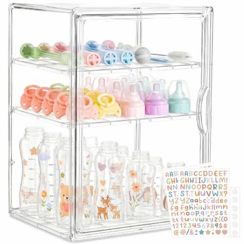 Baby Bottle Organizer, 3 Tier Bottle Storage Organizer with 2 Sheet Alphabet Stickers, 2 Removable Dividers and Magnetic Door, Clear Bottle Station Organizer for Countertop Cabinet, Large