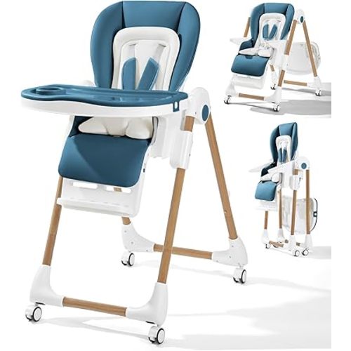 Mallify Foldable High Chairs for Babies and Toddlers, 3-in-1 Convertible Baby High Chair with Removable Soft Cushion and Tray, Adjustable Height & Recline, Lockable Wheels, Dark Blue