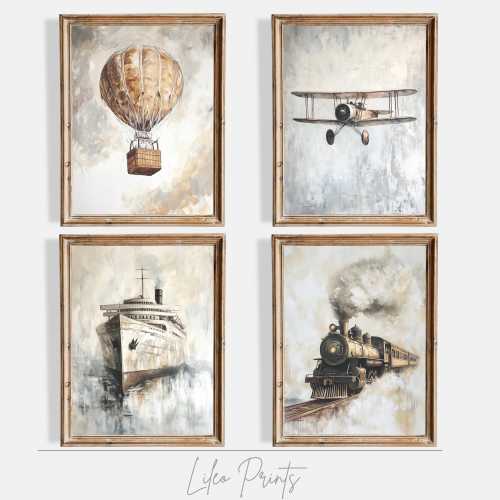 Vintage Transport Oil Paintings Set Nursery Wall Art Boys Bedroom Decor Kids Play Room Print Classic Car Ship Train Hot Air balloon Art