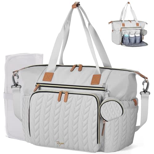 Diaper Bag Tote, Large Baby Hospital Bag for Labor Delivery Mom | Travel Diaper Tote with Changing Pad, Pacifier Case, Insulated Pockets, Luggage Sleeve, Shoulder Strap, Quilted Grey
