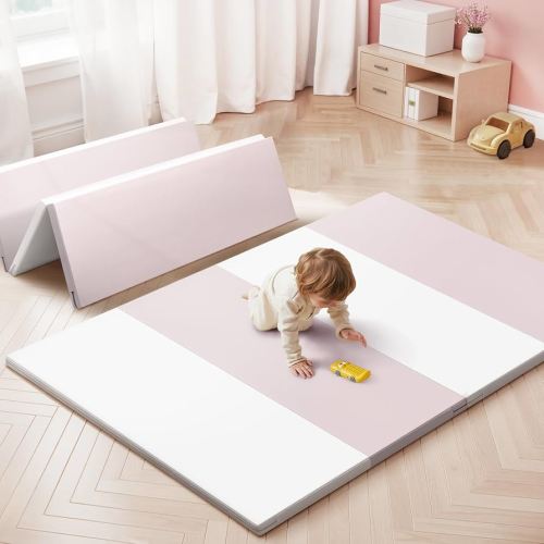 Baby Play Mat,YOYU 47*63inch PU Waterproof Foldable Play Mats for Babies and Toddlers,1.6inch thick and non-slip portable double-sided Foam Play Mat,Infant Crawling Playmat, Easy to Clean (pink+white)