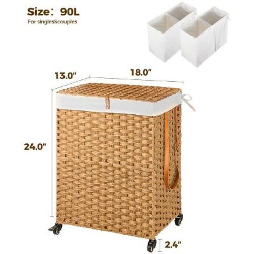 Greenstell Laundry Basket with Lid, Two Removable Inner Lining Bags, Two-compartment Garment Storage Basket, Natural