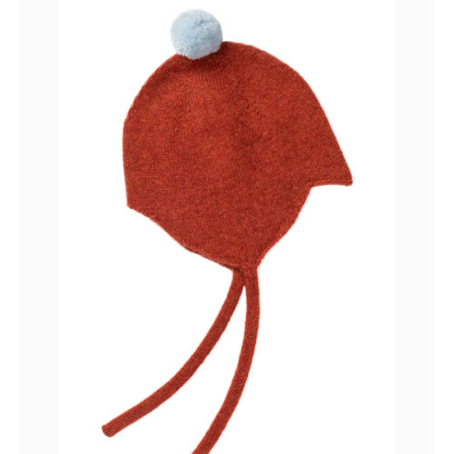 Cashmere Baby Bonnet, Rust with Spa Blue Pom – Rosie Sugden