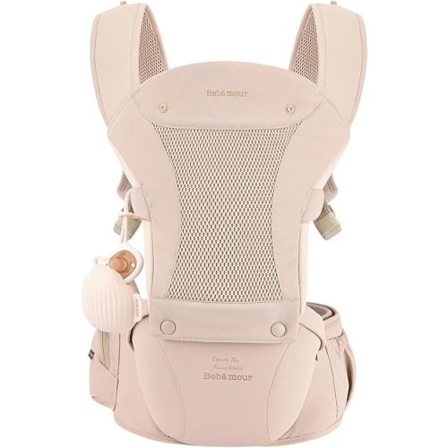Bebamour Baby Carrier with Hip Seat,All-Position Breathable Mesh Hip Seat & Carrier 0-36Months with Head Hood, 3 PCS Teething Pads, Waist Extender,Storage Bag & Pacifier Case (Pink)