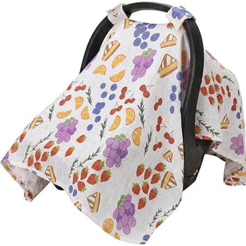 Rquite Car Seat Cover Baby for Girls Boys, 100% Muslin Cotton Infant Carseat Canopy, Soft Breathable Stroller Sun Shade & Newborn Shower Gift, Large Size Universal Fit Summer, Hot & Warm Weather