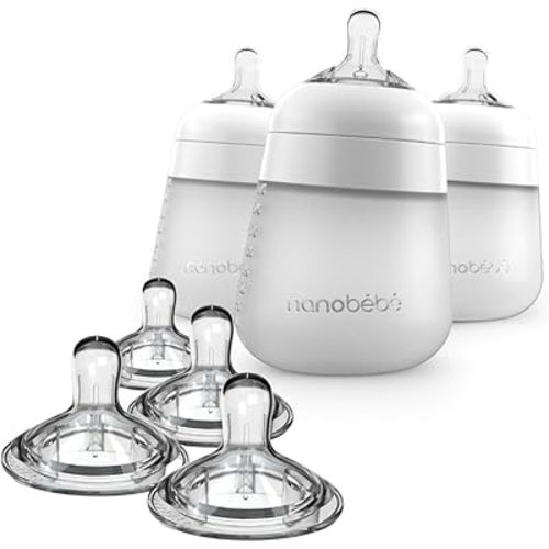 Nanobebe Silicone Baby Bottles 9oz 3pk White Bundled with Silicone Baby Bottles Nipples 4pk Medium Flow