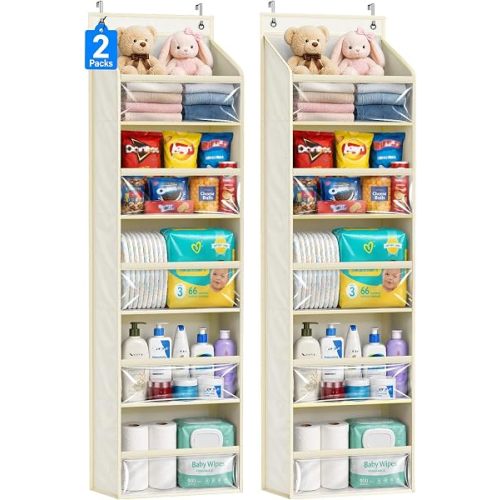 AOODA 2 Pack Over the Door Organizer, Large Capacity Closet Door Hanging Organizer, Clear Deep Pockets Baby Storage for Nursery, Bathroom, Bedroom, Pantry, Diapers (Light Yellow)