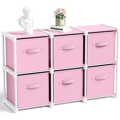 6 Cube Storage Organizer with Shelf Christmas Boxes 11 Inch Toy Storage Bins Closet Organizers Drawers Fabric Dresser for Playroom Books Bedroom Dorm Kitchen (Macaroon Pink)