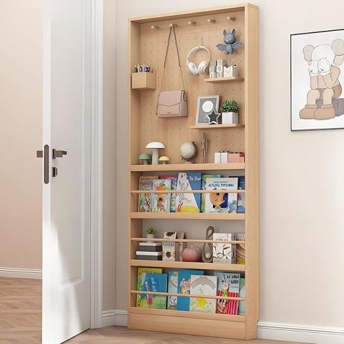 Behind Door Bookshelf,Toddler Bookshelf,Storage Cabinets,Organizer for Toys and Books,for Living Room, Children's Room, Study Room, etc. (Wood Color, 31.5" x 3.9" x 70.1")