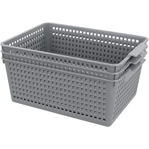 3-pack Large Plastic Storage Basket Bins, Grey Baskets for Organizing