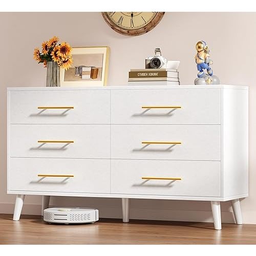 Aiho 6 Drawer Dresser for Bedroom, Chest of Drawers with Silent Gliding Slides ＆ Metal Handles, Wood Storage Chest for Nursery, Living Room, Entryway, White Dresser