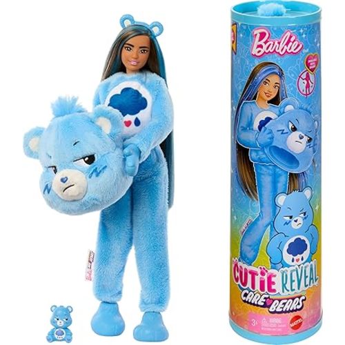 Barbie Cutie Reveal Doll & Accessories, Care Bears Series, Fashion Doll with Grumpy Bear Plush Costume & 10 Surprises Including Color Change & Mini Bear