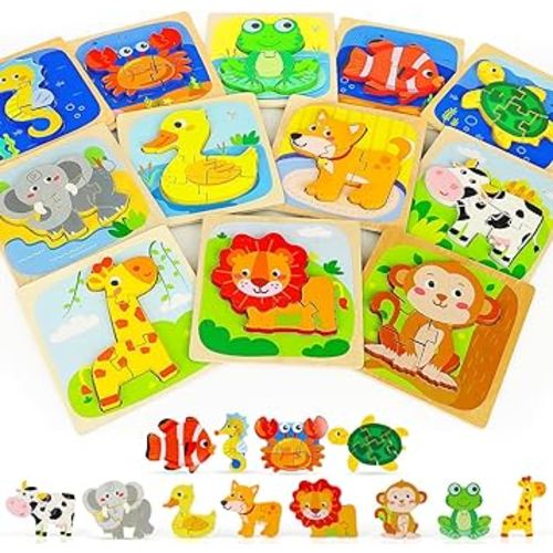 TOY Life Wooden Animal Puzzles for Toddlers 1-3, 12 Piece Puzzles for Kids Ages 2-4, Toddler Puzzles Ages 1-3, Montessori Puzzles for 1 2 3 Year Old, Baby Puzzles, Learning Toy for Toddlers 1-3
