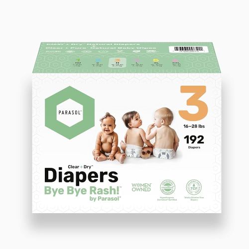 Parasol Clear+Dry Disposable Diapers and Clear+Pure Wipes, RashShield Protection, Size 3 (16-28 lbs), Diaper Bundle of 192 Diapers & 240 Wipes