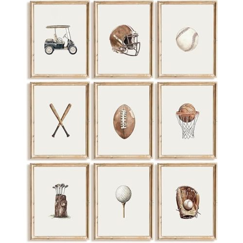 Vintage Sports Nursery Wall Art Decor Toddler Boys Room Canvas Pictures Sports Ball Wall Decor Football Baseball Prints Basketball Golf Artwork Kids Playroom Poster for Bedroom 8x10x9 Inch Unframed
